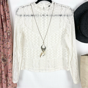 Divided White Lace Long Sleeve Crew Neck Top Size Medium